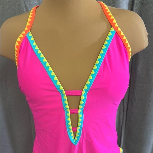 POPVIL Vibrant Pink One-Piece Swimsuit with Colorful Trim - Picture 2 of 10